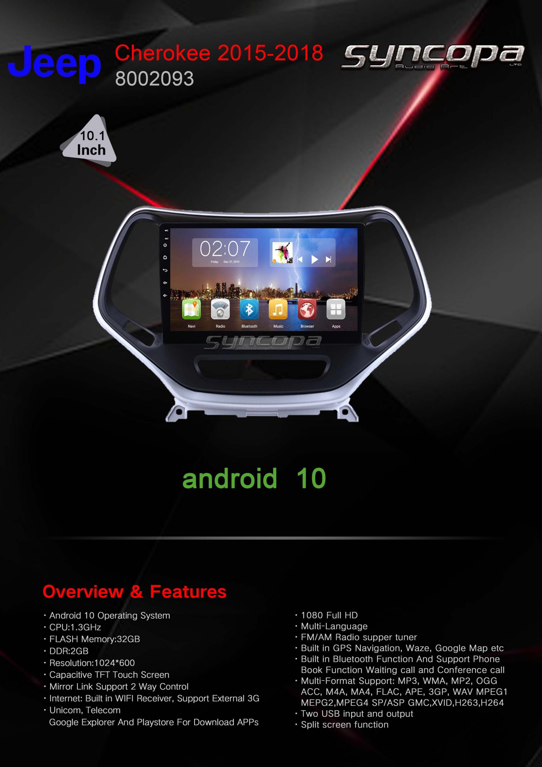 מערכת מולטימדיה  Jeep ג'יפ Cherokee צ'ירוקי 2015-2019 מסך  10.1 אינץ' תואם מקור מבית SyncopeAudio סינקופה אודיו