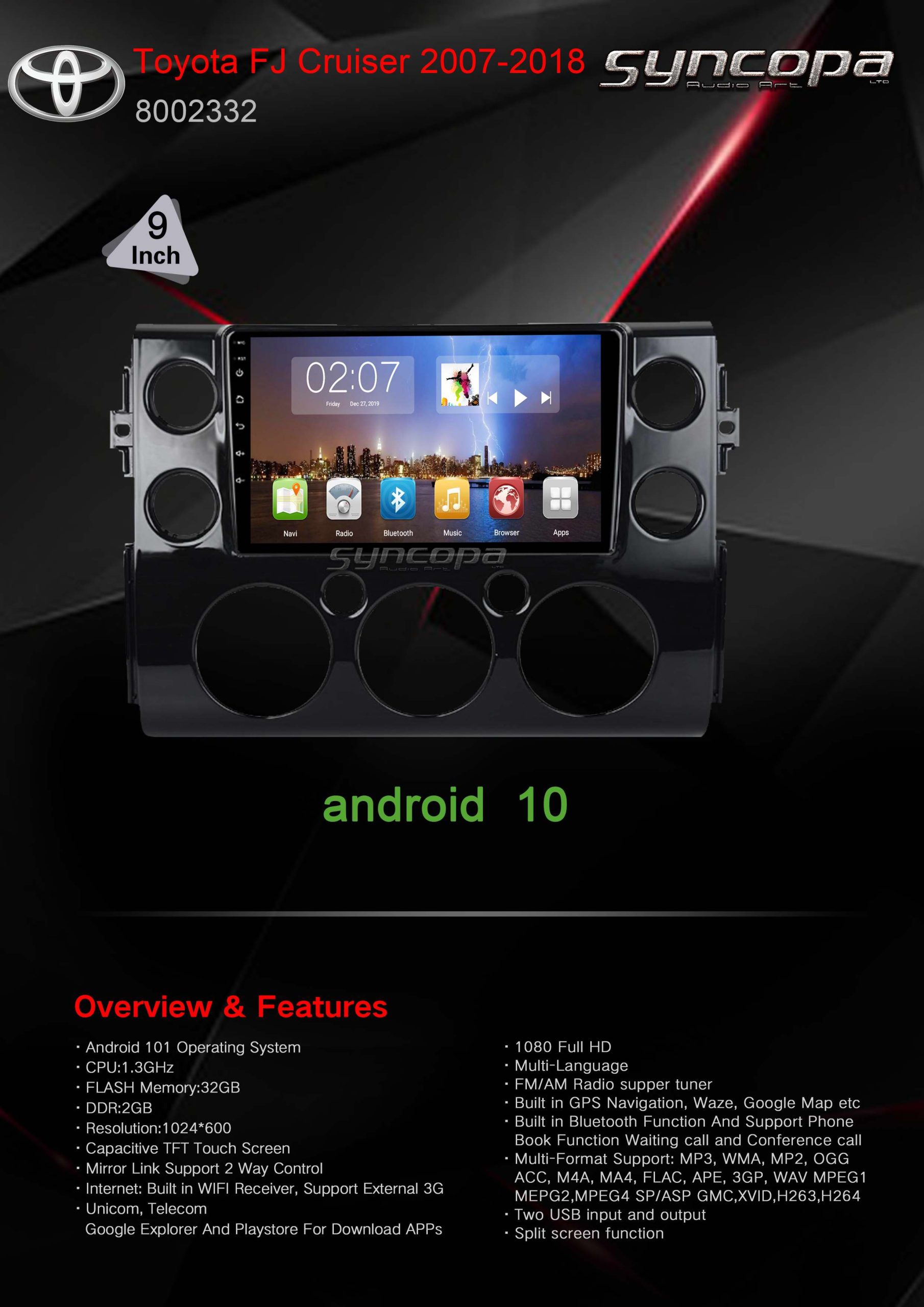 פנל מולטימדיה Toyota טויוטה FJ Cruiser 2007-2018 למסגרת 9 אינץ' תואם מקור מבית SyncopeAudio סינקופה אודיו