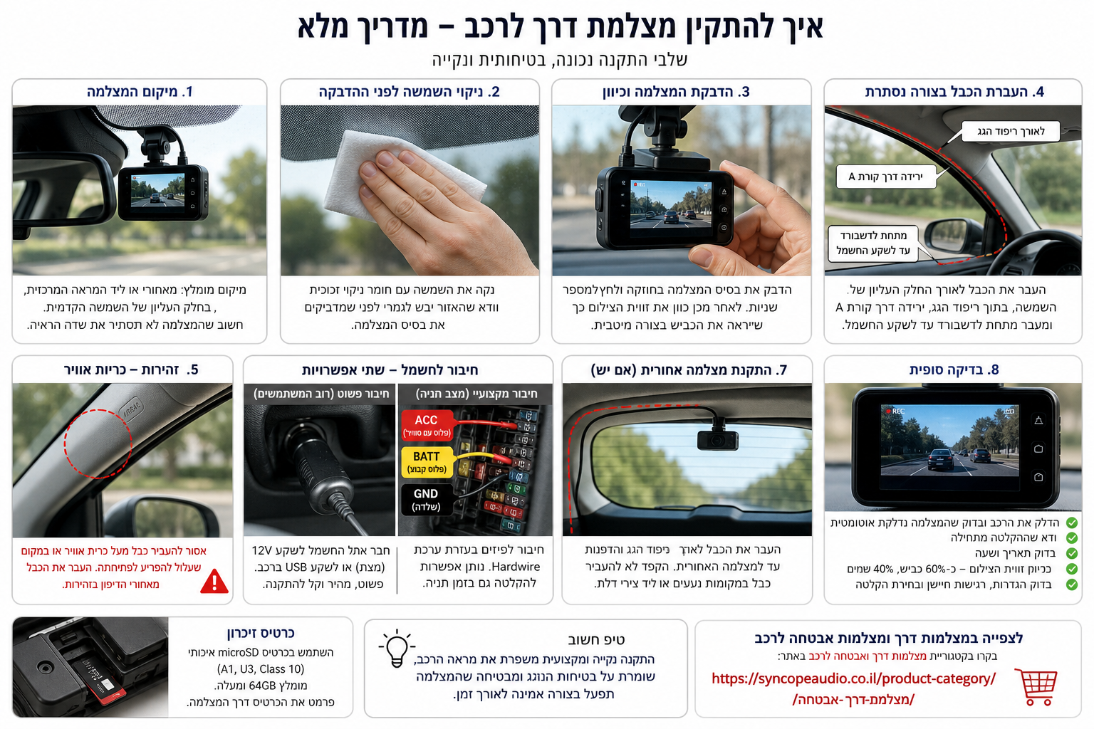 מדריך התקנת מצלמת דרך לרכב כולל מיקום מצלמה, העברת כבל, חיבור חשמל ובדיקת צילום
